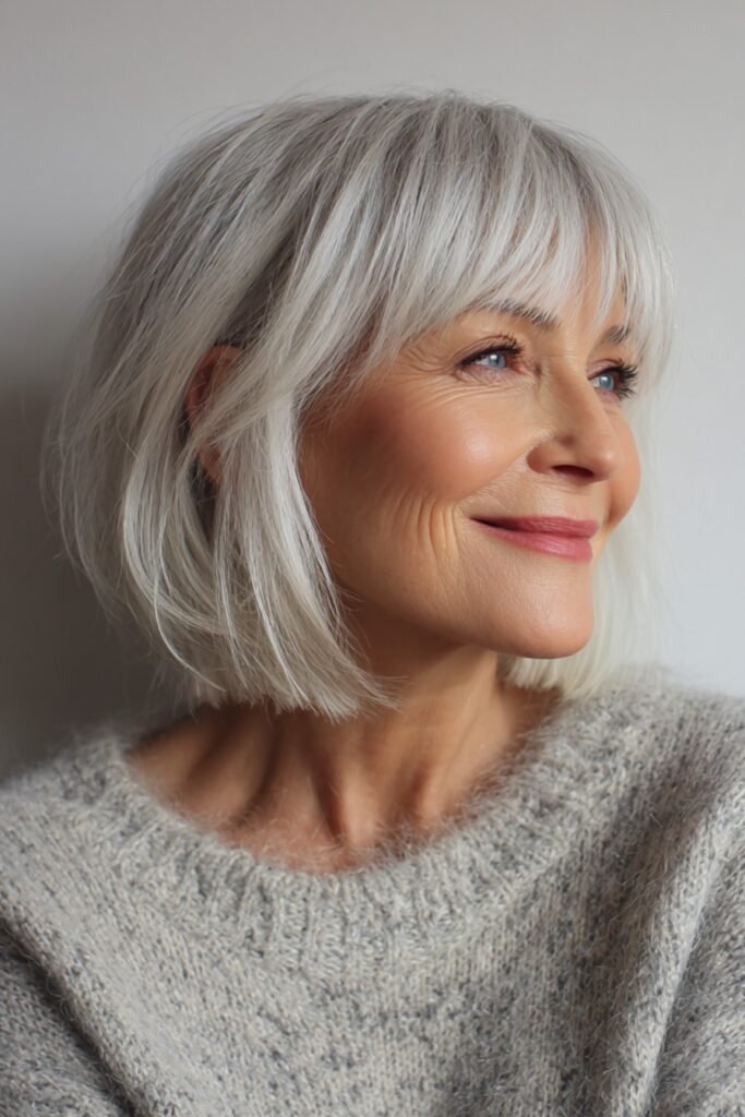  Soft Layered Silver Bob with Side-Swept Bangs