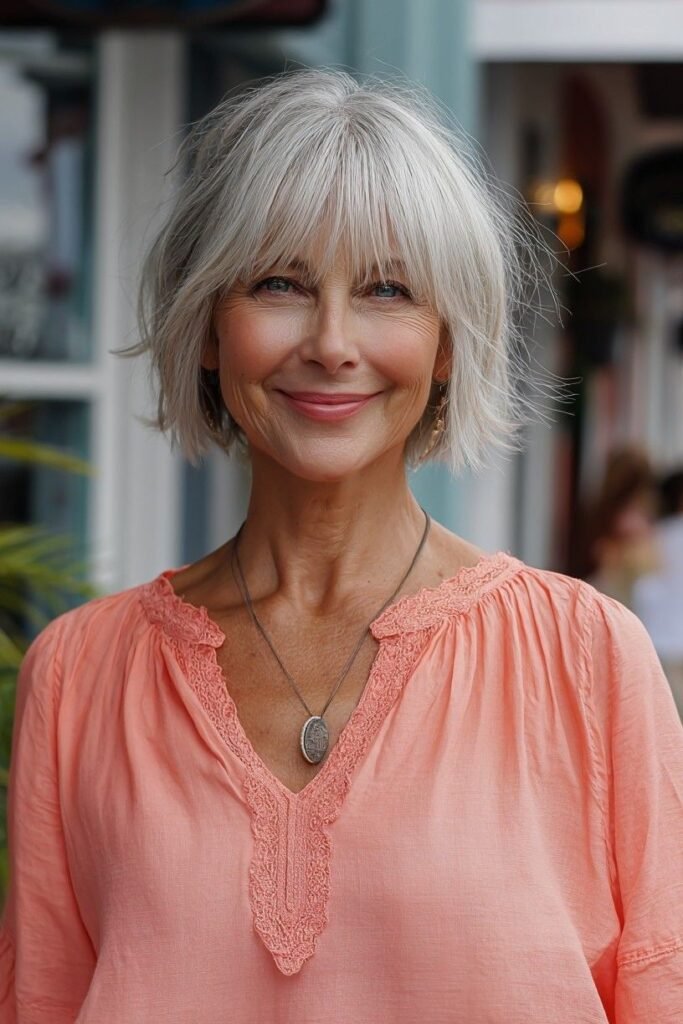 Soft Silver Textured Bob with Face-Framing Fringe