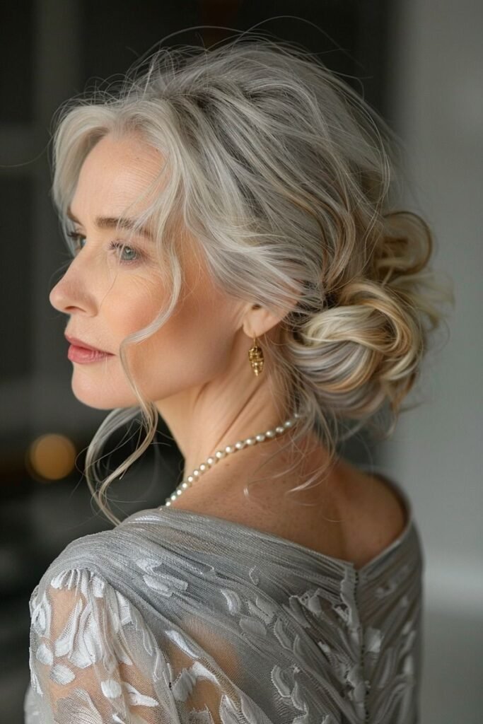 Soft Textured Low Bun with Wispy Bangs and Pearl Necklace