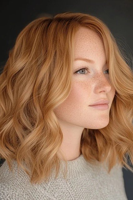 Soft Waves on Copper Medium-Length Hair