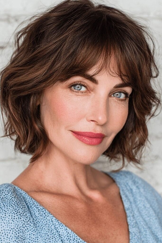 Soft Wavy Brunette Bob with Piecey Bangs