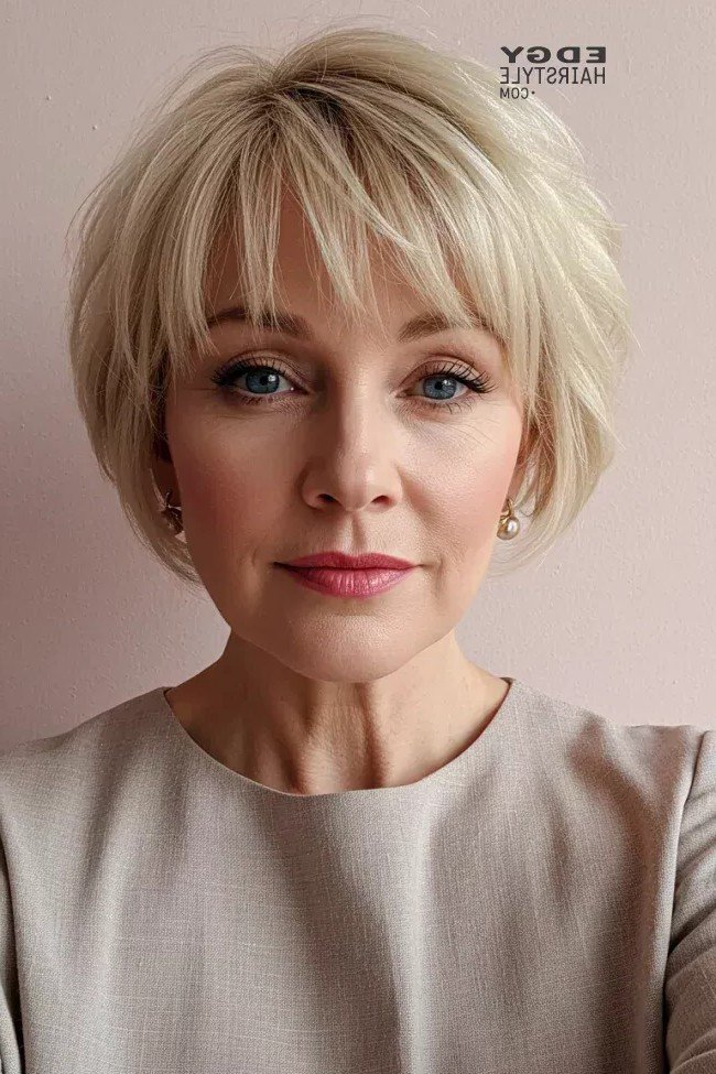 Sophisticated Blonde Layered Bob with Wispy Bangs