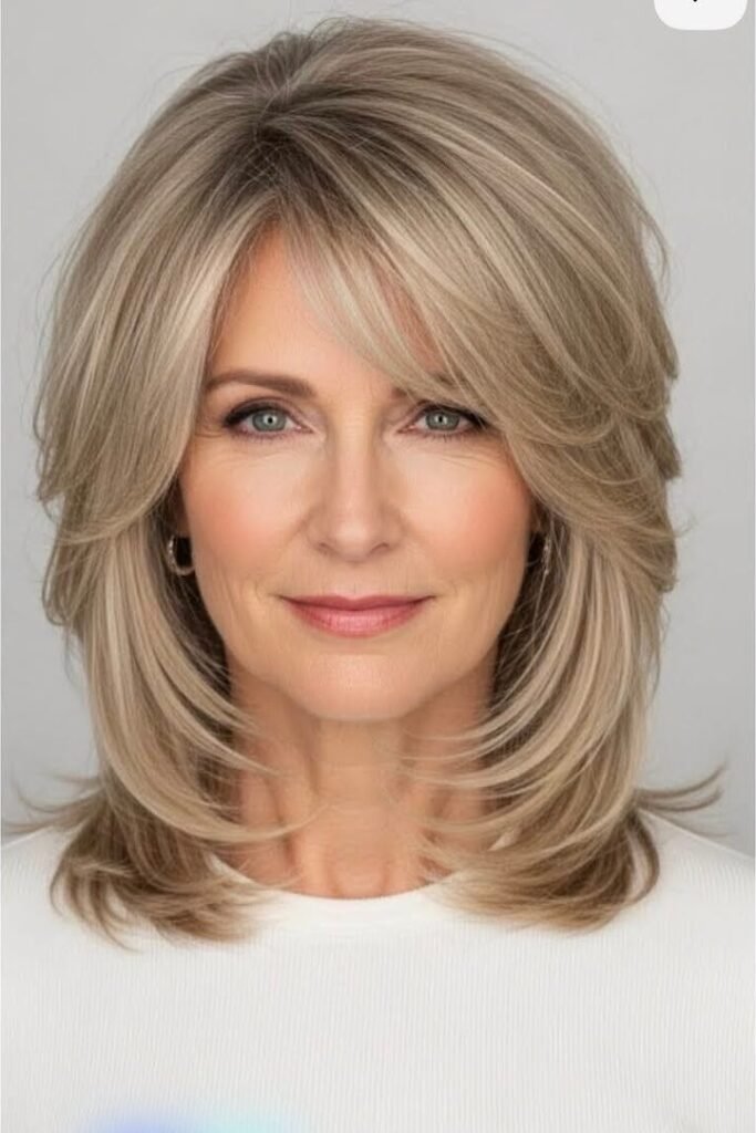 Sophisticated Blonde Layered Cut with Face-Framing Bangs