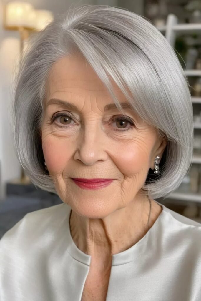 Sophisticated Silver Bob with Side-Swept Bangs