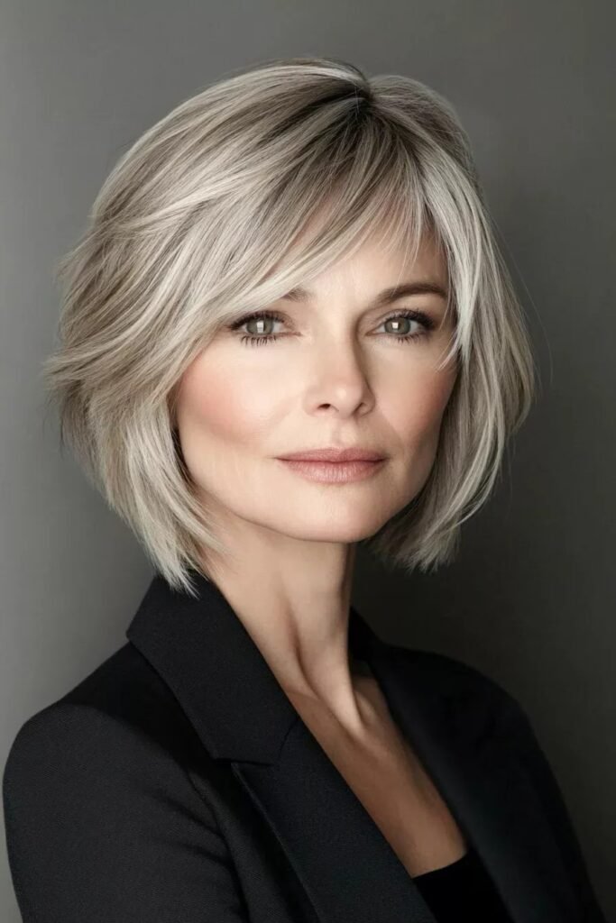 Sophisticated Silver Bob with Side-Swept Fringe