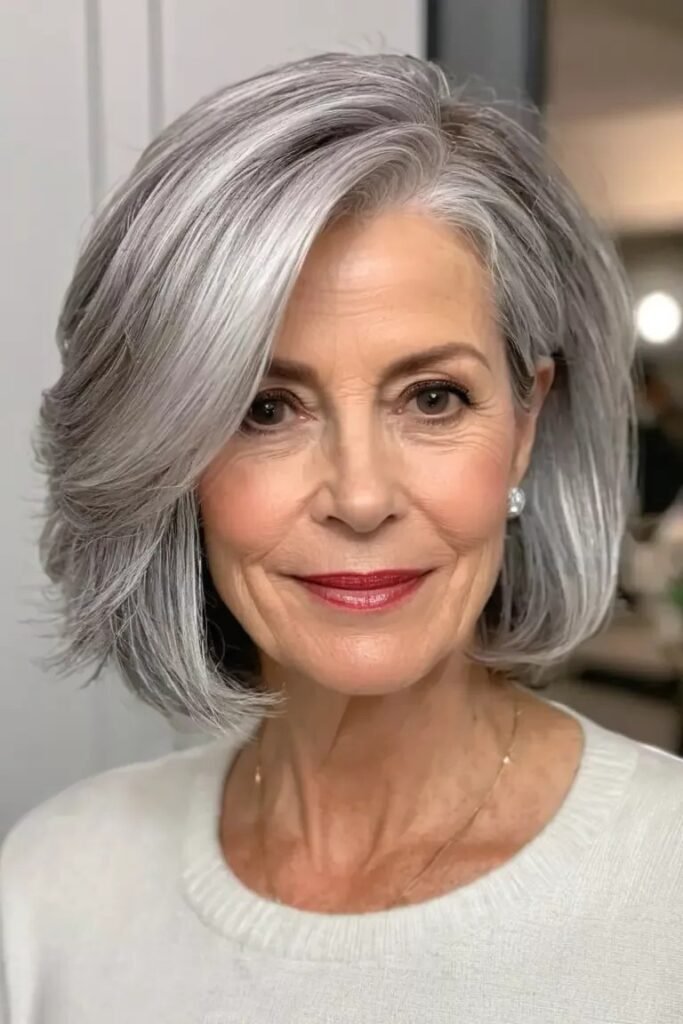 Sophisticated Silver Bob with Voluminous Side-Swept Layers