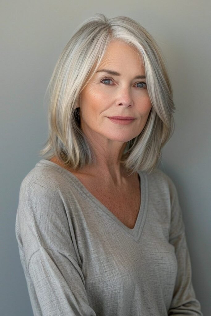 Sophisticated Silver Mid-Length Cut with Deep Parting
