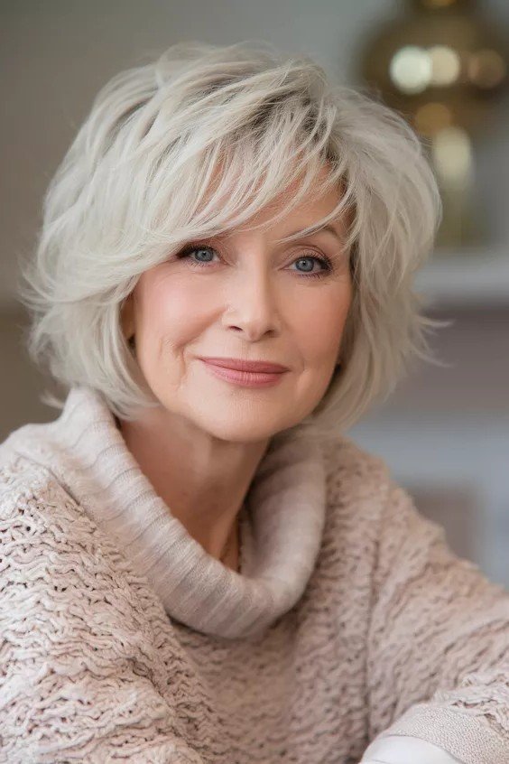 Sophisticated Silver-White Textured Bob