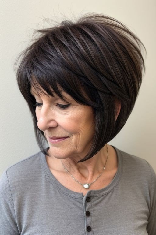 Stacked Bob with Layered Crown and Bangs