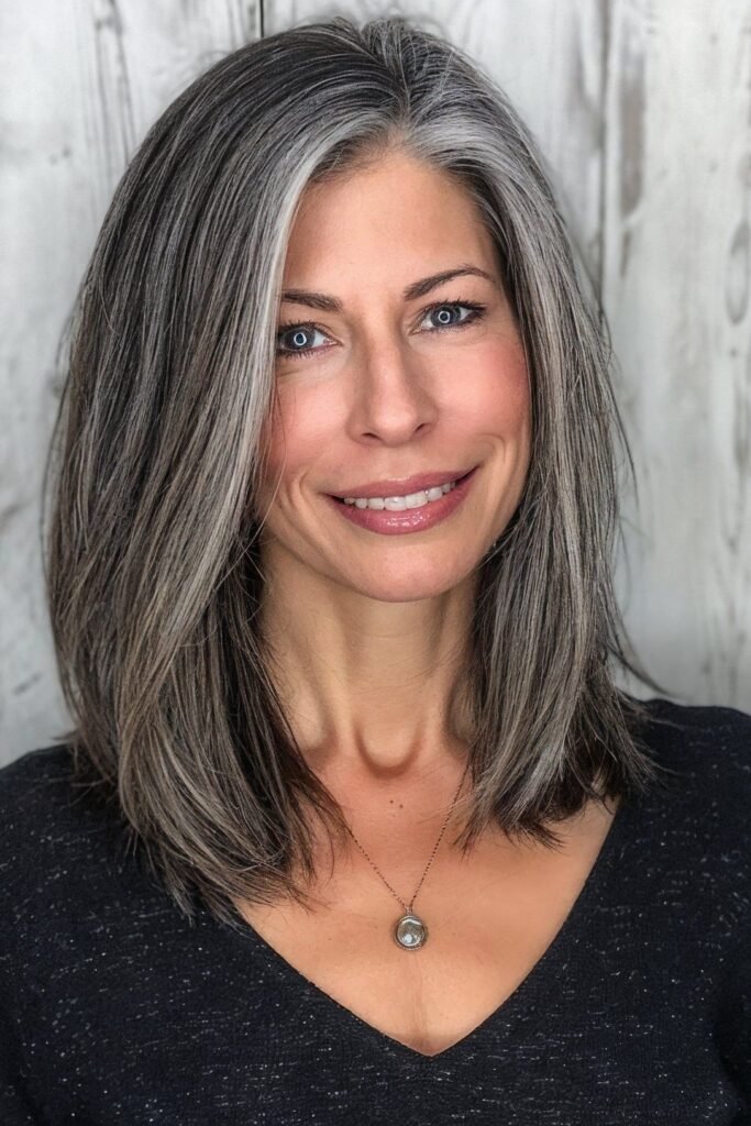 Straight Silver Shoulder-Length Cut with Side Parting