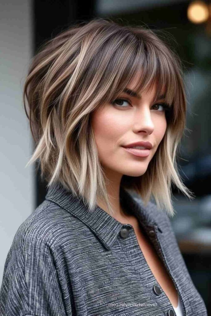 Textured A-Line Bob with Curtain Bangs