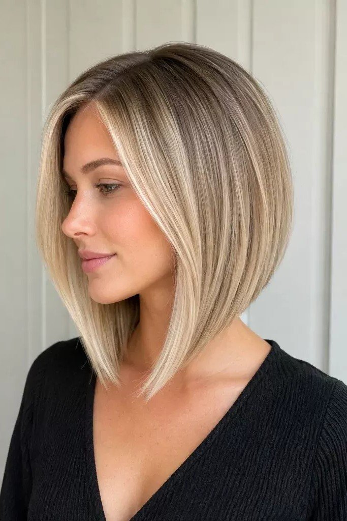 Textured Angled Lob with Blonde Highlights