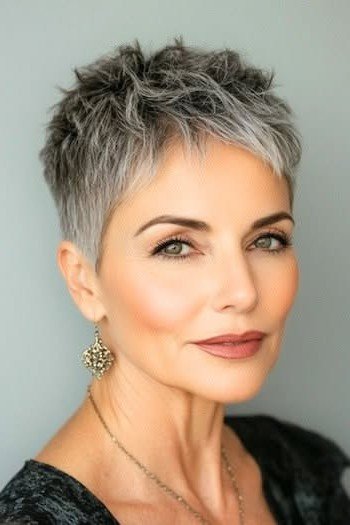 Textured Ash-Grey Pixie Cut with Layered Crown