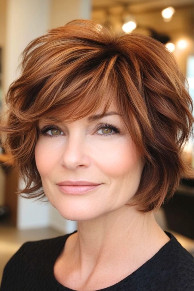 Textured Auburn Bob with Side-Swept Bangs