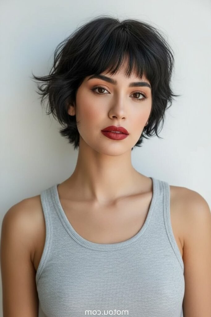 Textured Black Pixie Cut with Layered Bangs