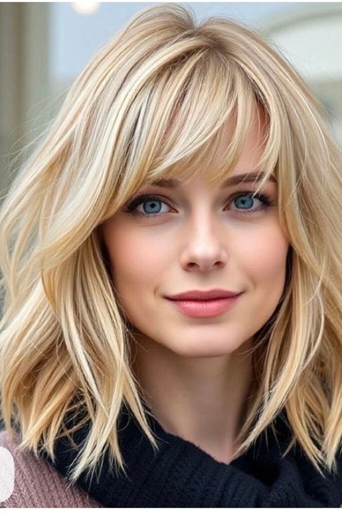 Textured Blonde Lob with Deep Side-Swept Bangs