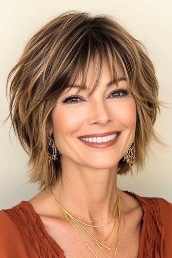 Textured Bob with Highlights and Curtain Bangs