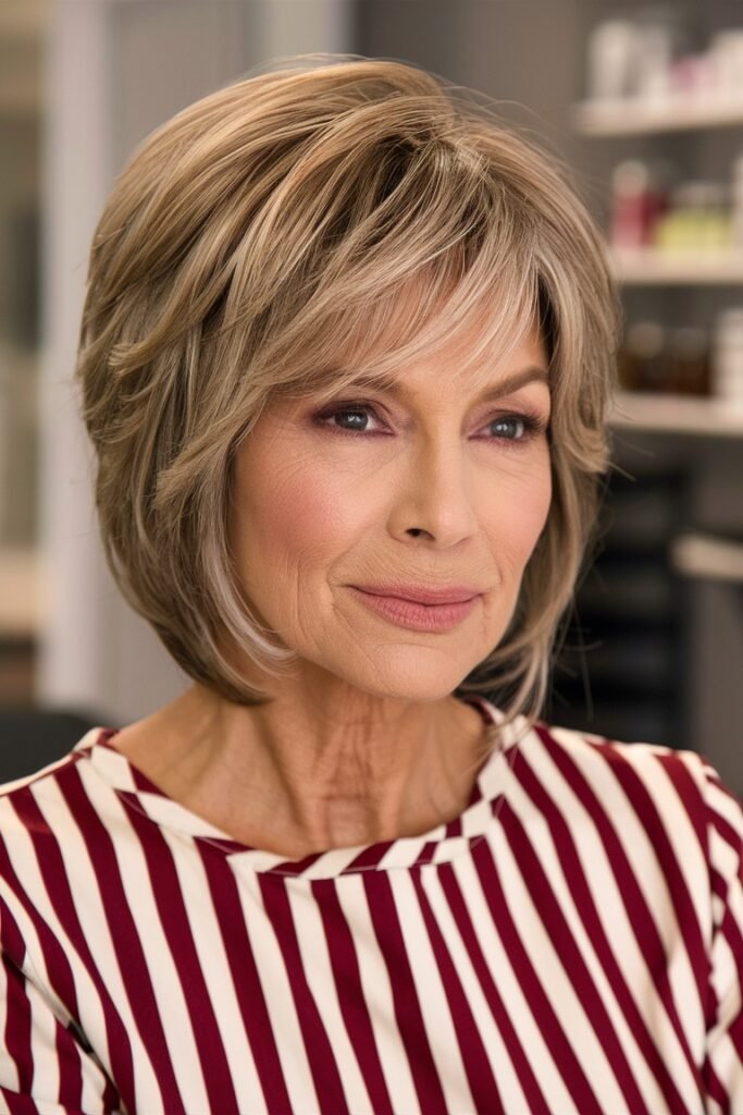 Textured Bronde Bob with Wispy Curtain Bangs
