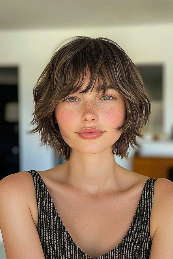 Textured Brown Bob with Curtain Bangs