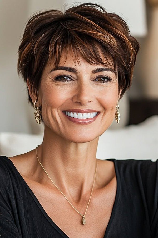 Textured Brown Pixie Cut with Layered Fringe