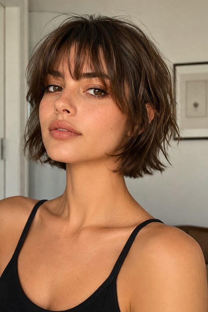 Textured Brown Shag with Soft Curtain Bangs