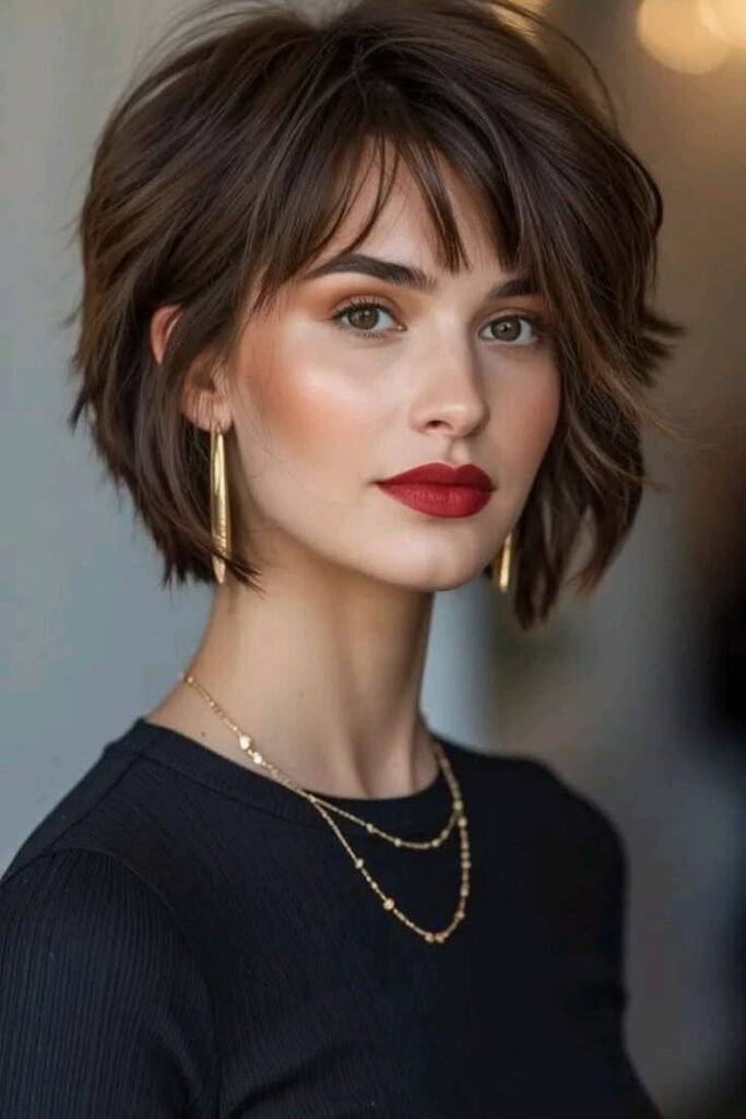 Textured Brunette Bob with Side-Swept Bangs