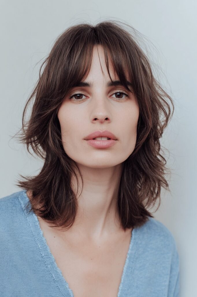 Textured Collarbone-Length Shag with Bangs