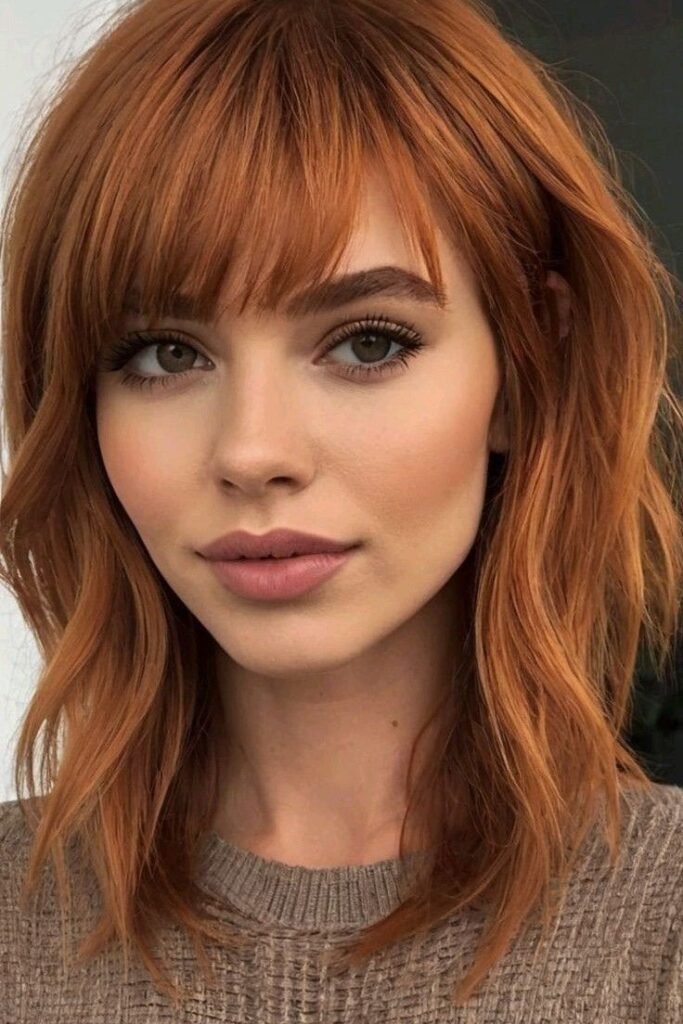 Textured Copper Lob with Wispy Bangs