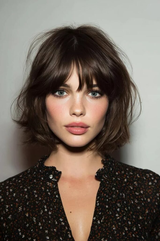 Textured Dark Brown Bob with Curtain Bangs