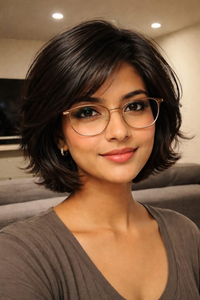  Textured Dark Brown Bob with Side-Swept Bangs