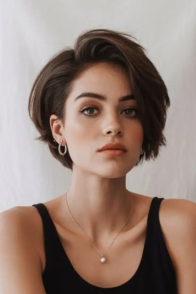  Textured Dark Brown Bob with Side-Swept Bangs
