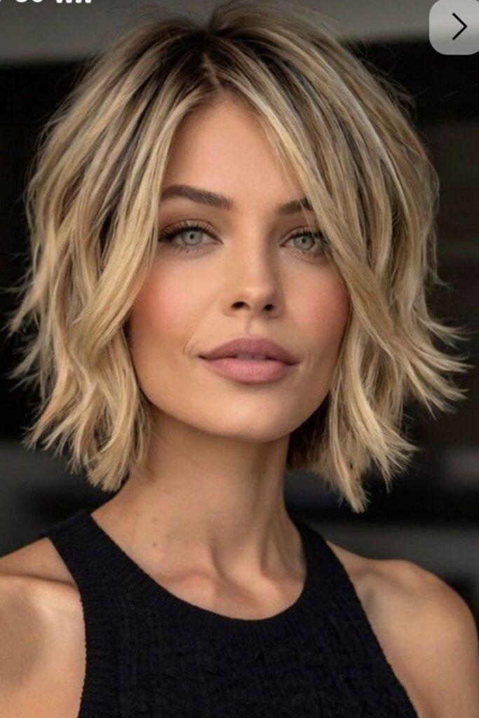 Textured Honey Blonde Bob with Side-Swept Bangs