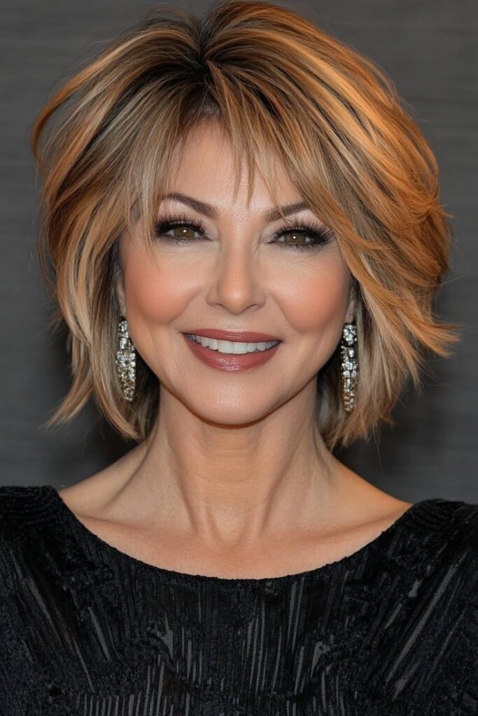 Textured Layered Bob with Caramel Highlights