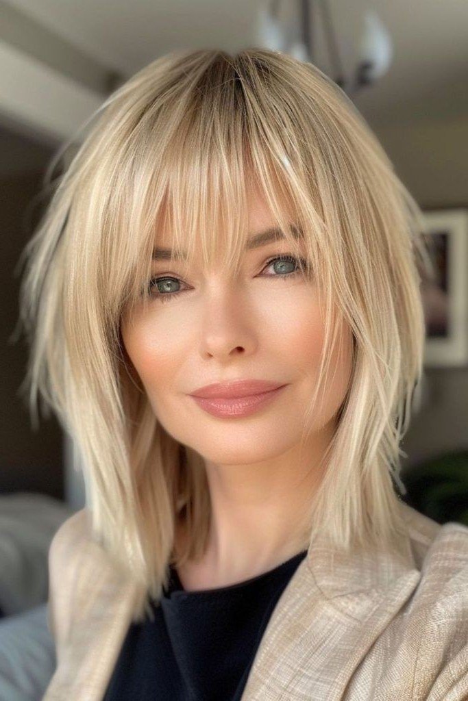 Textured Layered Lob with Wispy Curtain Bangs