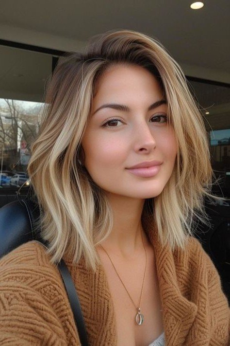 Textured Lob with Root Smudge and Face-Framing Highlights