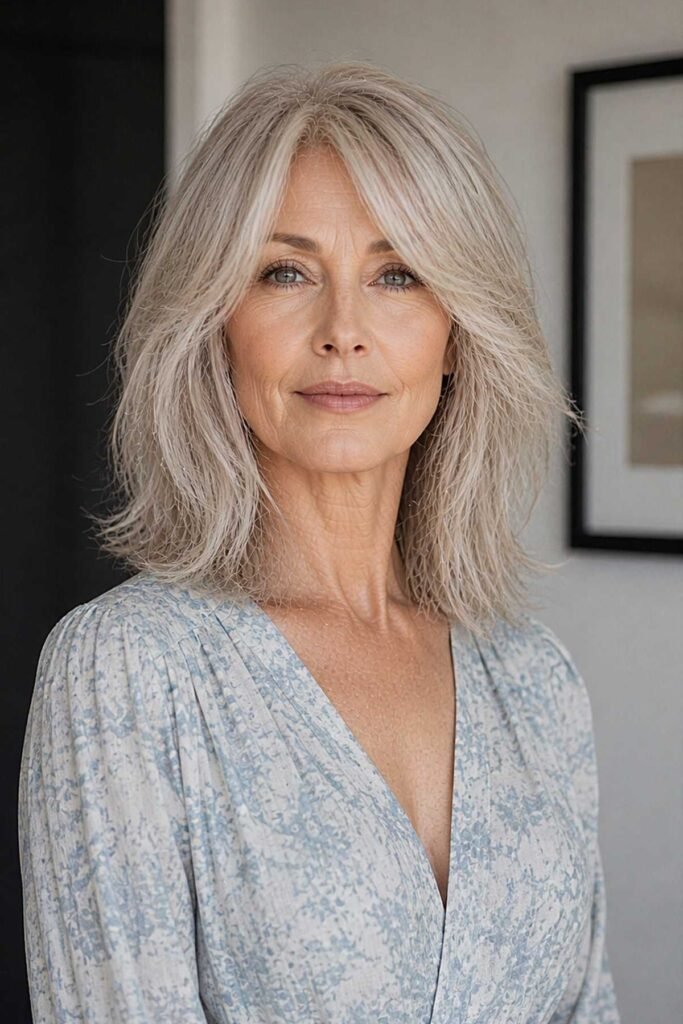 Textured Lob with Soft Curtain Bangs