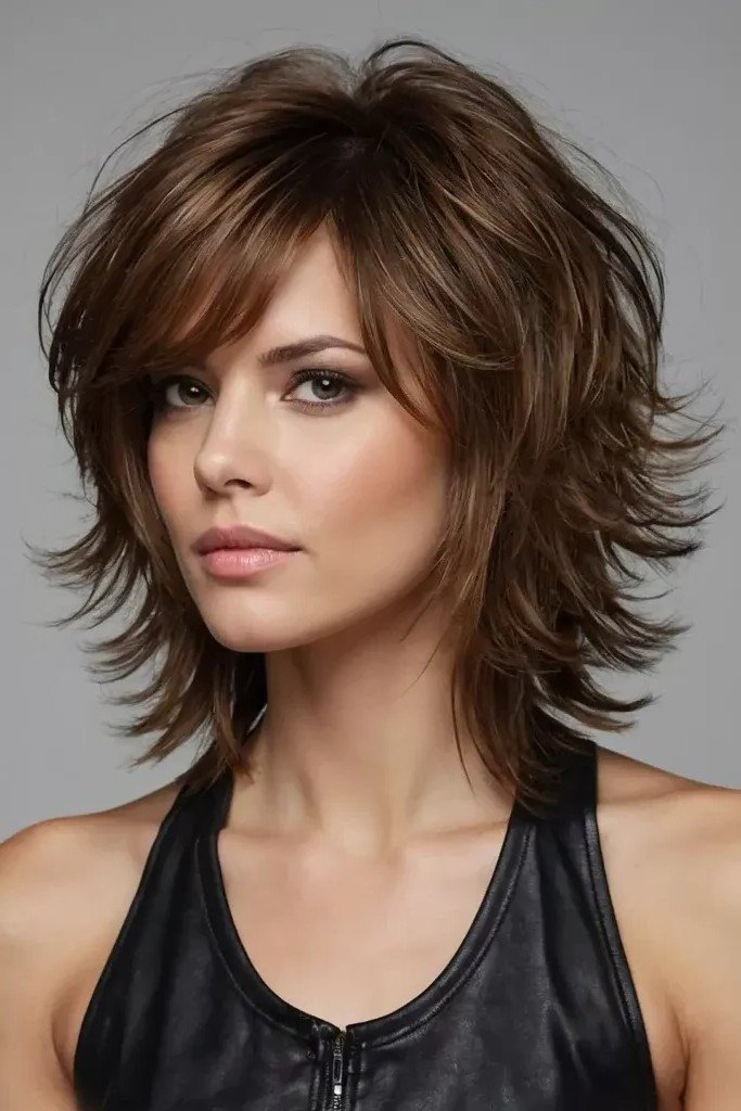 Textured Medium-Length Layered Cut with Bangs