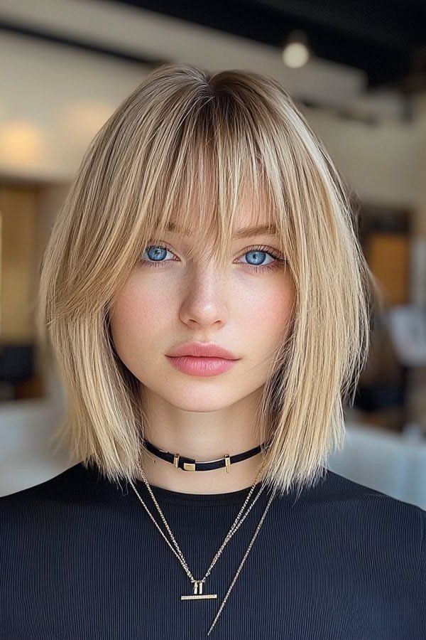 Textured Mid-Length Bob with Wispy Bangs