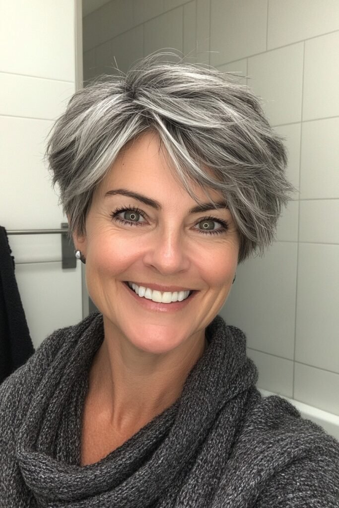 Textured Pixie Cut with Grey Highlights