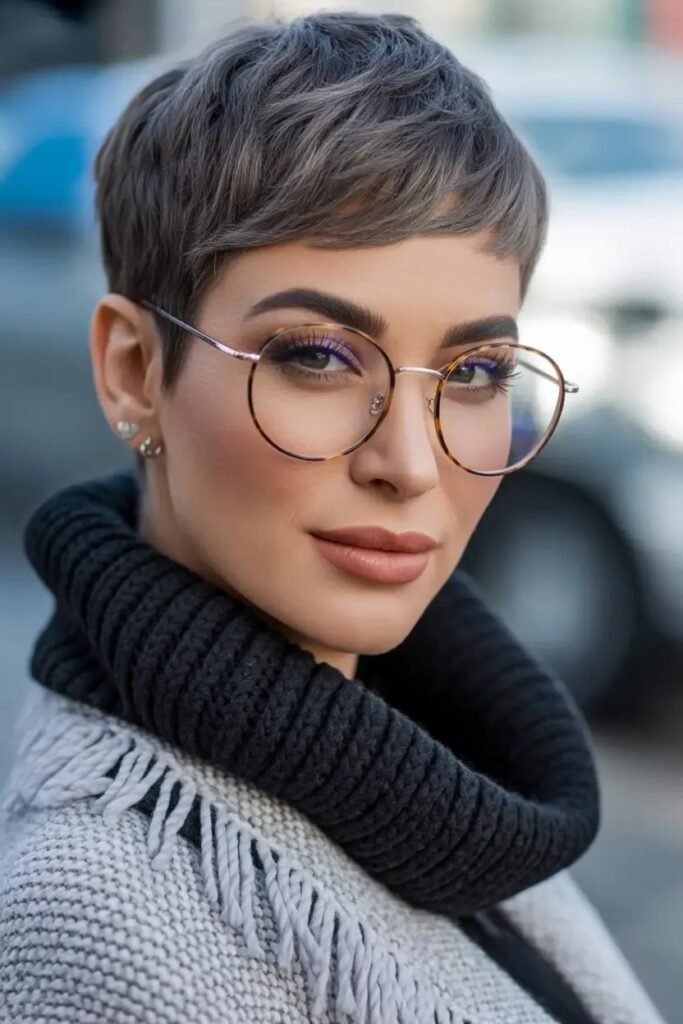 Textured Pixie Cut with Soft Micro-Fringe and Round Tortoiseshell Glasses