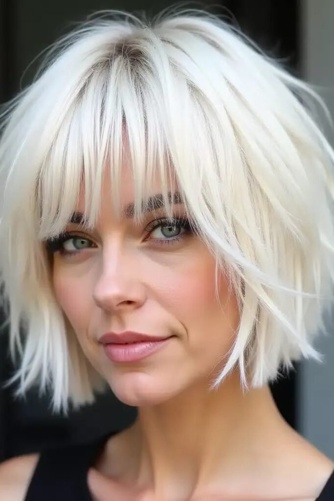 Textured Platinum Blonde Bob with Wispy Bangs