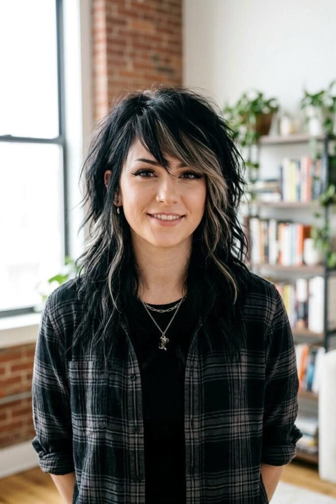 Textured Shag Cut with Face-Framing Blonde Highlights