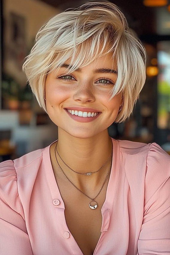 Textured Short Blonde Bob with Side-Swept Bangs