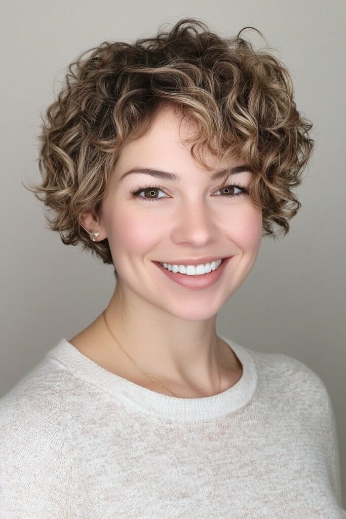 Textured Short Curly Bob with Soft Bangs