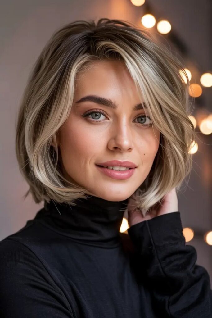 Textured Shoulder-Length Bob with Curtain Bangs and Highlights