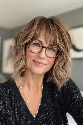 Textured Shoulder-Length Bob with Wispy Bangs