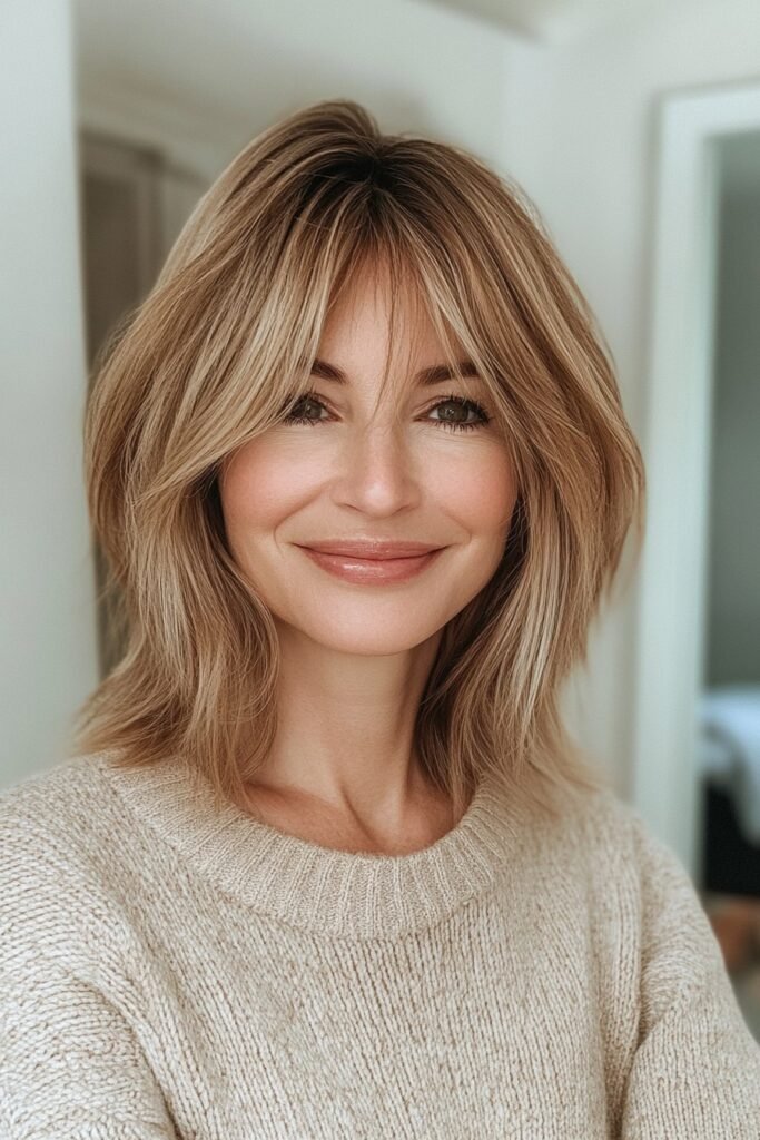 Textured Shoulder-Length Cut with Curtain Bangs