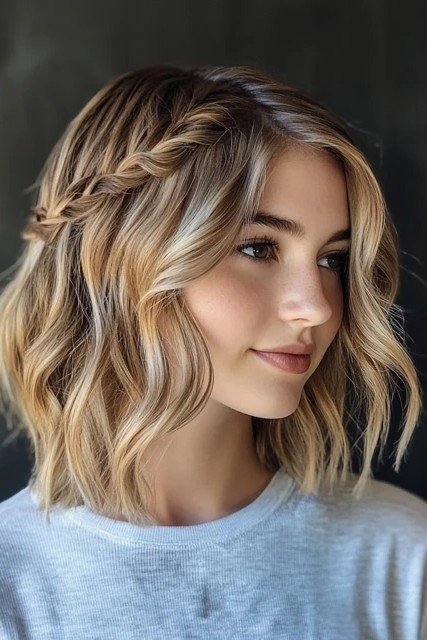Textured Shoulder-Length Cut with Half-Up Dutch Braid