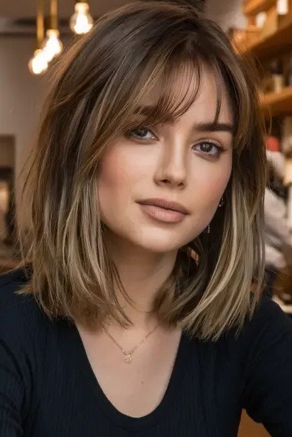 Textured Shoulder-Length Lob with Soft Wispy Bangs
