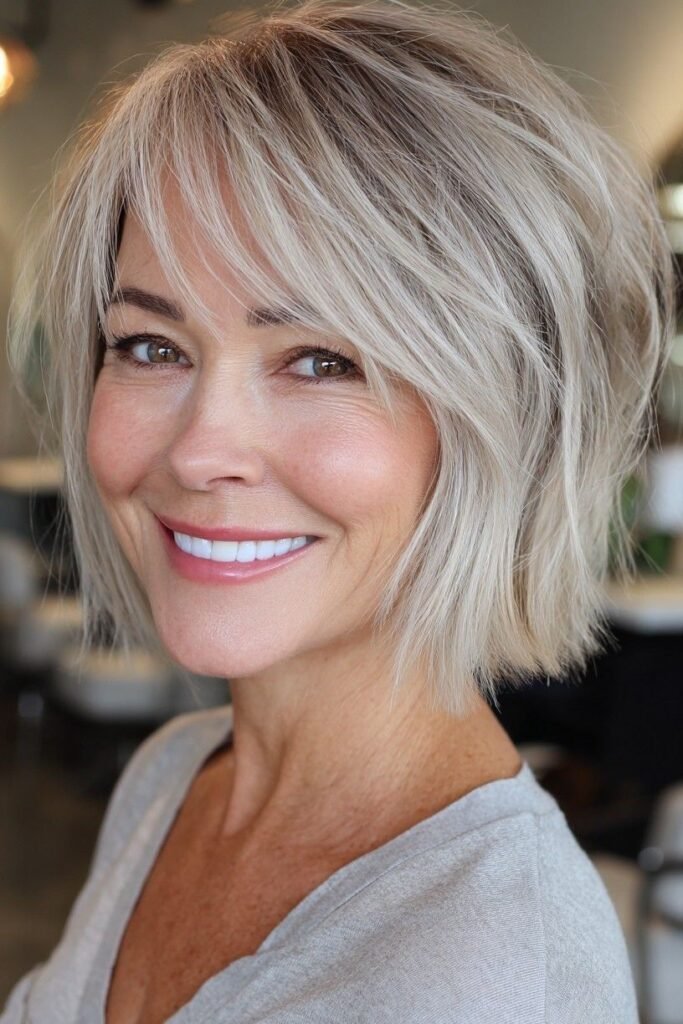 Textured Silver Blonde Bob with Wispy Layers
